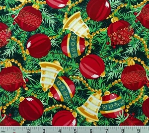 Maywood Joyful Christmas Ornaments Metallic Cotton Fabric Holiday Gold Accent - Picture 1 of 1