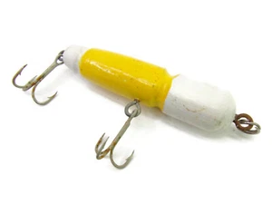 Señuelo de pesca vintage casero primitivo de madera amarillo y blanco FL11 - Imagen 1 de 4