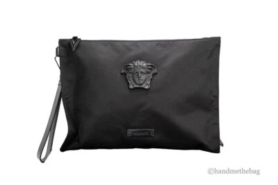 Versace Grande Negro Tela Nylon Medusa Convertible Bolsa Bolso sin asas Muñequera Bolso - Imagen 1 de 4