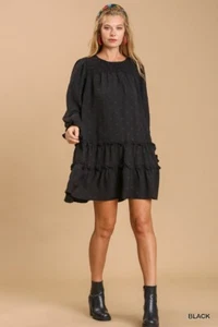 Umgee Swiss Dot Ruffle Long Sleeve Mini Dress in Black - Bild 1 von 5