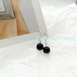 Natural 8/10/12mm Black Obsidian Round Gemstone Beads Dangle Hook Earrings - Picture 1 of 9