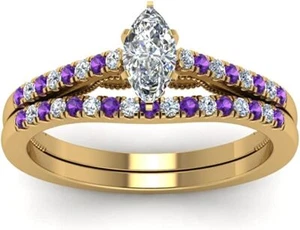 Yellow Gold Plated Natural Amethyst Marquise Shape Stone Wedding Ring in Size 9 - Picture 1 of 6