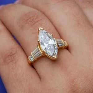 3Ct Marquise Cut Real Moissanite Solitaire Wedding Ring 14K Yellow Gold Plated - Picture 1 of 7
