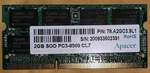 Apacer 2GB 1066MHz PC3 8500 No ECC CL 7 1.5V 204-Pin Laptop DDR3 SO-DIMM Memory - Picture 1 of 2