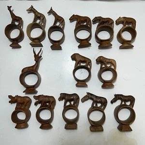 Hand Carved Wood Wild African Safari Animal Napkin Rings 14Pc Place Holders Old - Picture 1 of 23