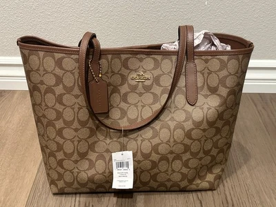 COACH SIG CITY TOTE BAG In Signature Canvas Khaki Saddle Brown 5696 IME74 - Image 1 of 4