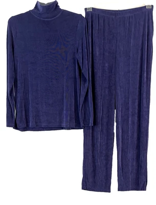 Conjunto Camisa/Pantalones Citiknit Cuello Simulado Azul Talla Pequeña Elastizados Pull On Mujeres AA829 Foto 1 de 4