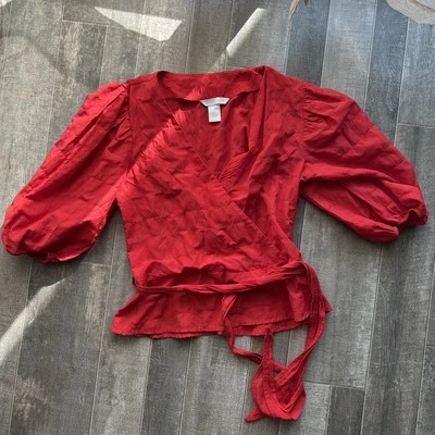 H&M Scarlet Red Crimson Puff Sleeves Faux Wrap Front Tie V Neck Cropped Blouse 0 - Image 1 of 4