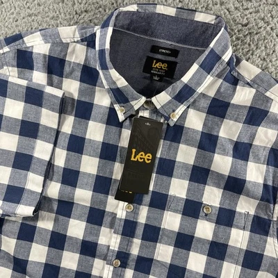 LEE SHIRT MENS LARGE BLUE WHITE CHECK PLAID BUTTON UP SHORT SLEEVE NWT NEW - Image 1 of 4