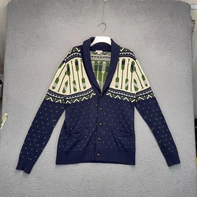 Merona Cardigan Sweater Mens Medium Navy Shawl Collar Oars Fair Isle Cotton - Image 1 of 4