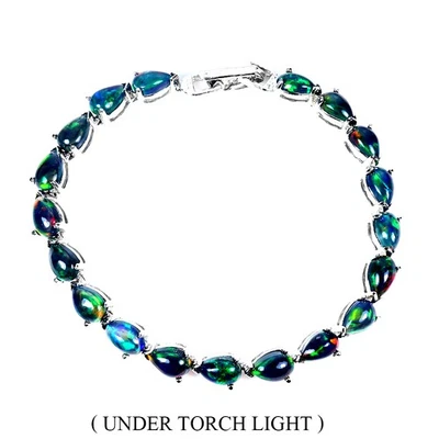 925 Пробы браслет груши черный опал 8 x 5 мм драгоценных камней ювелирных изделий 7,5 дюймов - Изображение 1 из 4