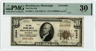 1929 $10 National BROOKHAVEN, MS Mississippi Charter #10494 PMG VF30 949389-2 - Image 1 of 4