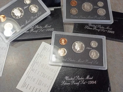 3pc lot  Silver proof set  1992 1993 1994  in original box & certificate us coin - Image 1 of 4