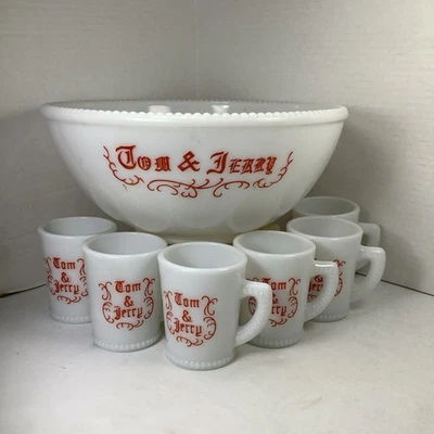 Mckee Tom Jerry Glass Holiday Punch Bowl Set 6 Mugs Red White Egg Nog - Image 1 of 4