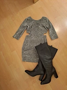 Womens Grey Silver Sequin cut-out Fitted Velour Velvet Evening Mini Dress Short - Picture 1 of 21