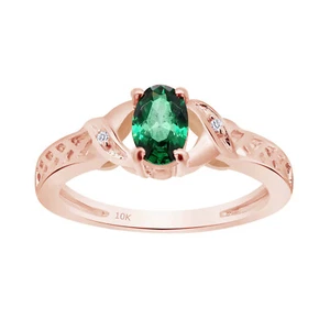 Solitaire Engagement Ring Simulated Green Emerald & Natural Diamond 10K Gold - Picture 1 of 14