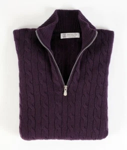 Brunello Cucinelli Cashmere ½ Zip Cable Knit Sweater - Purple M - $3495 Retail - Picture 1 of 20