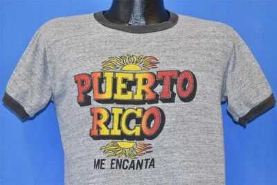 vtg 80s PUERTO RICO ME ENCANTA I'M LOVIN IT SUNSET RINGER RAYON BLEND t-shirt M - Image 1 of 3