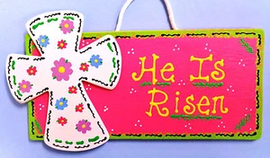 EASTER He Is Risen SIGN Cross Door Wall Plaque Art Hanger Hanging Decor  - Picture 1 of 1