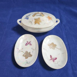 Lipper & Mann Lusterware oval bedeckt Zuckerdose Butterdose Schmetterling & Blätter  - Bild 1 von 18
