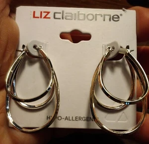 Hoop Earrings Liz Claiborne Silver Tone Triple NEW ON TAG Classic Dress Casual - Picture 1 of 10
