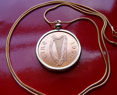 CELTIC HARP IRISH Bird o Kells Coin Pendant  on a  24" Gold Filled Snake Chain Cover