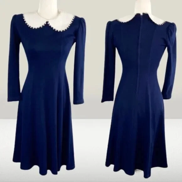 Vintage Petite Lang Midi Dress Peter Pan Collar Wednesday Addams Size 4 - Image 1 of 4