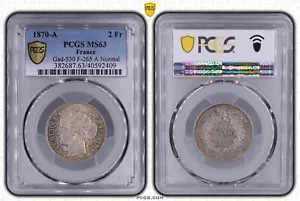France 2 francs Cérès 1870 A argent PCGS MS63 Gad.530 F.265 monnaie française - Imagen 1 de 2