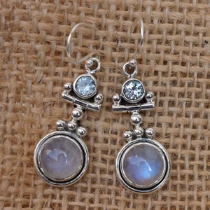 Natural Rainbow moonstone Blue Topaz Earring 925 Sterling Silver handmade -NE02 - Picture 1 of 4