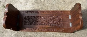 Vintage Hand Carved Wood Book Support, Fold Up Ends with Hearts Brass Inlay - Picture 1 of 11