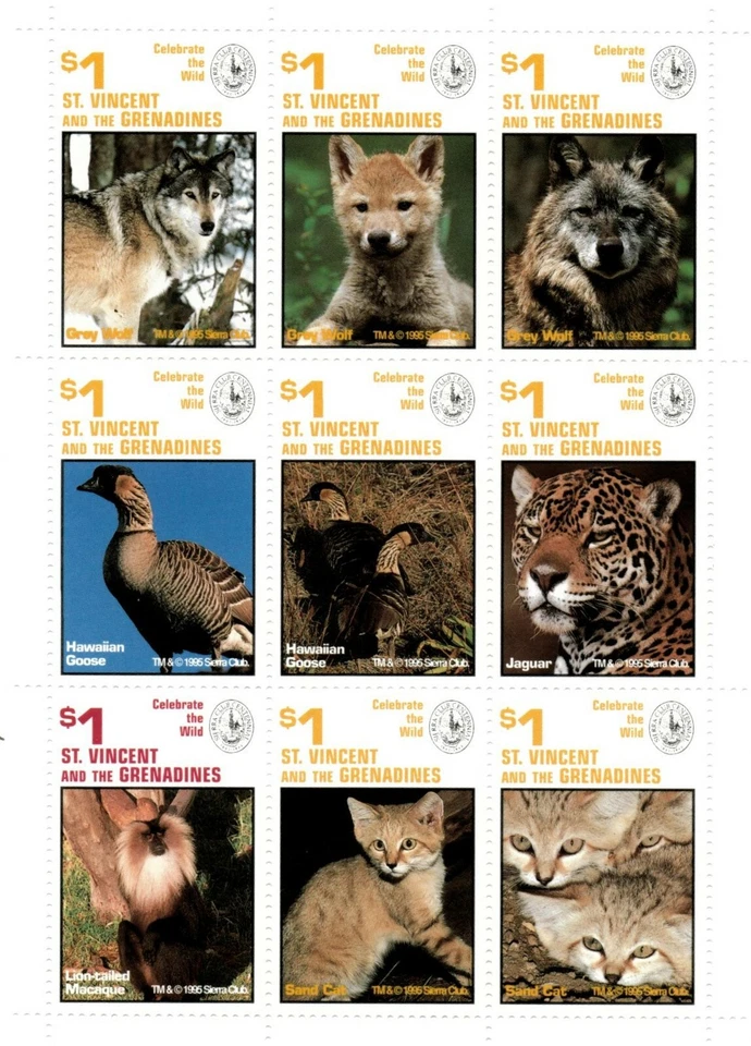 St. Vincent 1995 SC# 2227 Wild Animals, Sierra Club - Sheet of 9 Stamps - MNH - Image 1 of 1