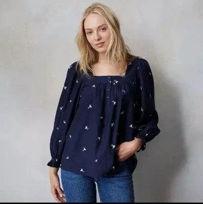 Navy Blue Peasant Blouse Square Neck Floral Embroidered Puff Sleeve Cottagecore - Image 1 of 4
