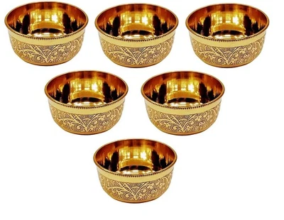 Metals Brass Serving Bowl Etching Flower Design  Indian Food Tableware - Image 1 of 4