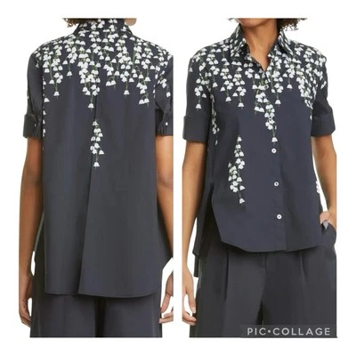 Top Adam Lippes Talla 4 Negro Estampado Floral Trapecio Manga Corta Abotonado  Foto 1 de 4