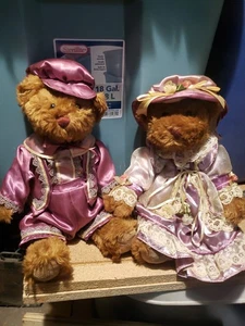 Tender Hearted Collectibles Fancy Dressed Bear Couple in Purple Satin 13.5"rare - Picture 1 of 5