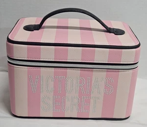 Victoria Secret classic pink striped zip makeup case bling/rhinestone letters - Picture 1 of 16
