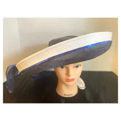 Sombrero para mujer Mr. John Moderne elegante azul marino y blanco con lazo con lentejuelas nuevo con etiquetas Foto 1 de 4