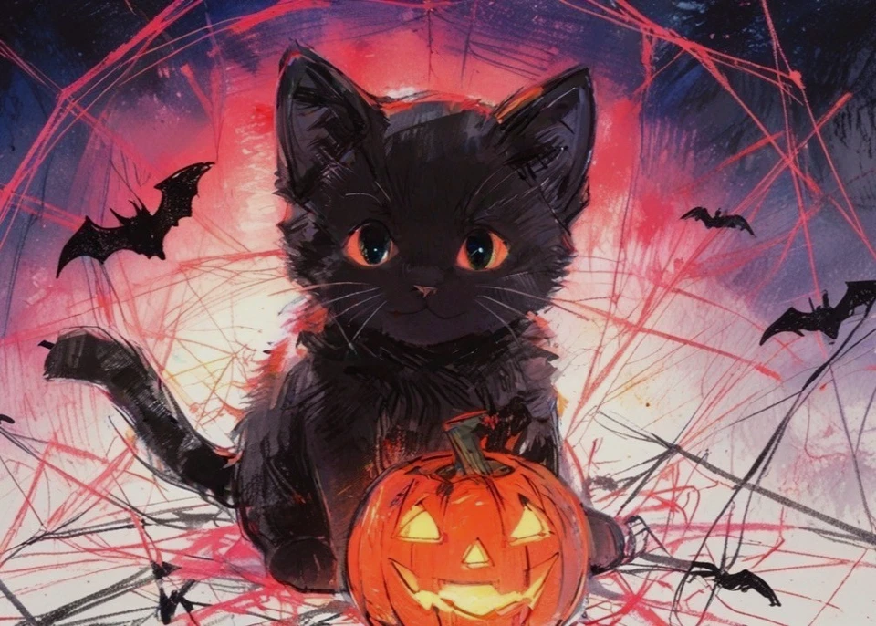 ACEO Mini *Art Print* Black Baby Cat Halloween Pumpkin Bats Spiders - Saulite - Image 1 of 1