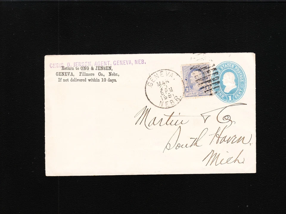 Chris D. Jensen Agent Geneva Nebraska 1891 Uprated Franklin PSE Cover  Ø - Image 1 of 1