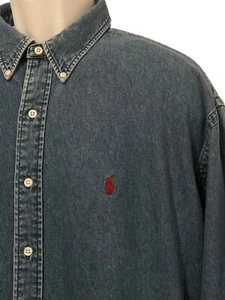 POLO RALPH LAUREN Shirt Denim BLAIRE Button Red Pony 1990’s VINTAGE XXL - Picture 1 of 5