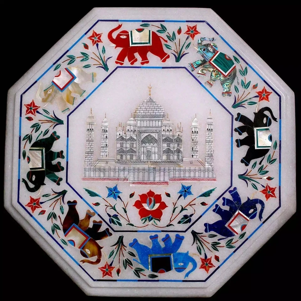 12" Octagon White Marble Coffee Table Mop Taj Mahal Design Handmade Elephant Dec - Image 1 of 4