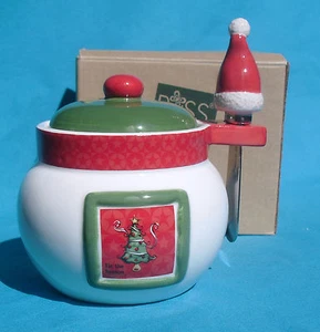 Russ Berrie Christmas Holiday Spreader Set, Ceramic Crock, Lid, Spreading Knife - Picture 1 of 2