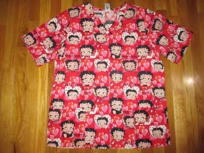 Ladies Betty Boop Red Pink Hearts V Neck Scrubs Top Size XL - Image 1 of 4