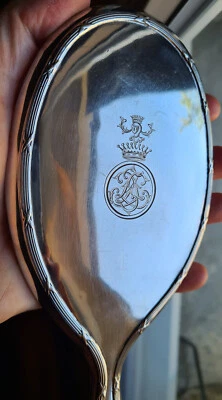 Miroir face à main argent massif gravé couronne de comte & heaume de chevalier - Photo 1/4