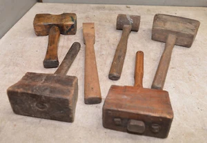 6 antique mallet hammer jointing timber frame boat building wood head tool lot - Picture 1 of 8