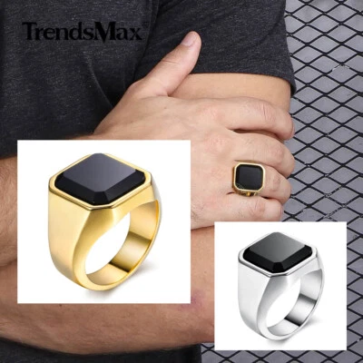 Anillo de banda de pulido de acero inoxidable para hombre piedra de vidrio negro plateado/dorado Foto 1 de 4