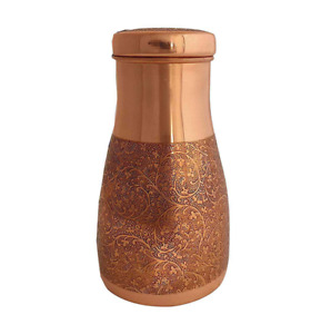 Pure Copper Bedroom Water Bottle with Inbuilt Glass & Embossed Design -1000 ml