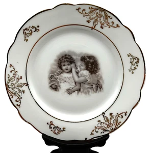 Antq Bavaria Little Girls Black White Portrait Transferware Plate Scalloped Trim - Picture 1 of 6