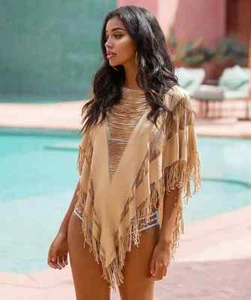 Poncho SEXY NUOVO CON ETICHETTE BEACH BUNNY INDIANO ESTIVO FRANGE ORO TAGLIA UNICA - Foto 1 di 6