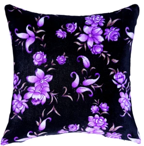 16" x 16" Black With Purple Square Floral Art Velvet Pillow Cushion Cover Deco - Picture 1 of 3